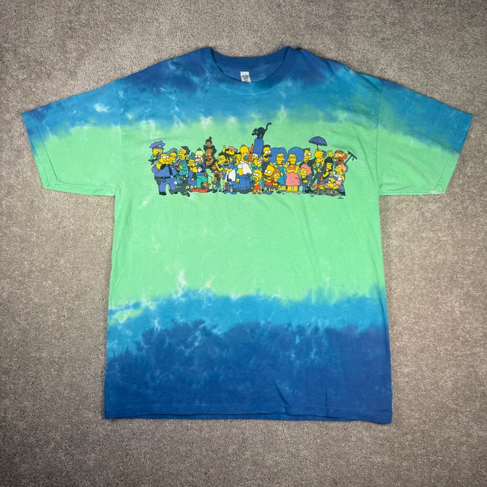 The Simpsons Men's XL Tie Dye Graphic T-Shirt Blue Green Cast Crew